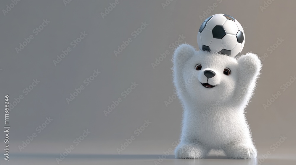 A cute, fluffy bear cub balancing a soccer ball on its head, exuding playfulness and joy. A cute, fluffy bear cub balancing a soccer ball on its head, exuding playfulness and joy.