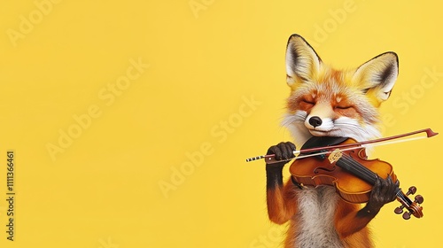 A cartoon fox playing a violin against a bright yellow background.