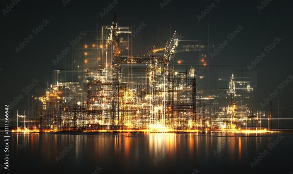 Fototapeta premium Cityscape Construction: Structures Rise, Lights Gleam, Reflecting Ambitions at Night