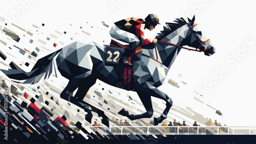a man rides a horse in a race in low poly illustration