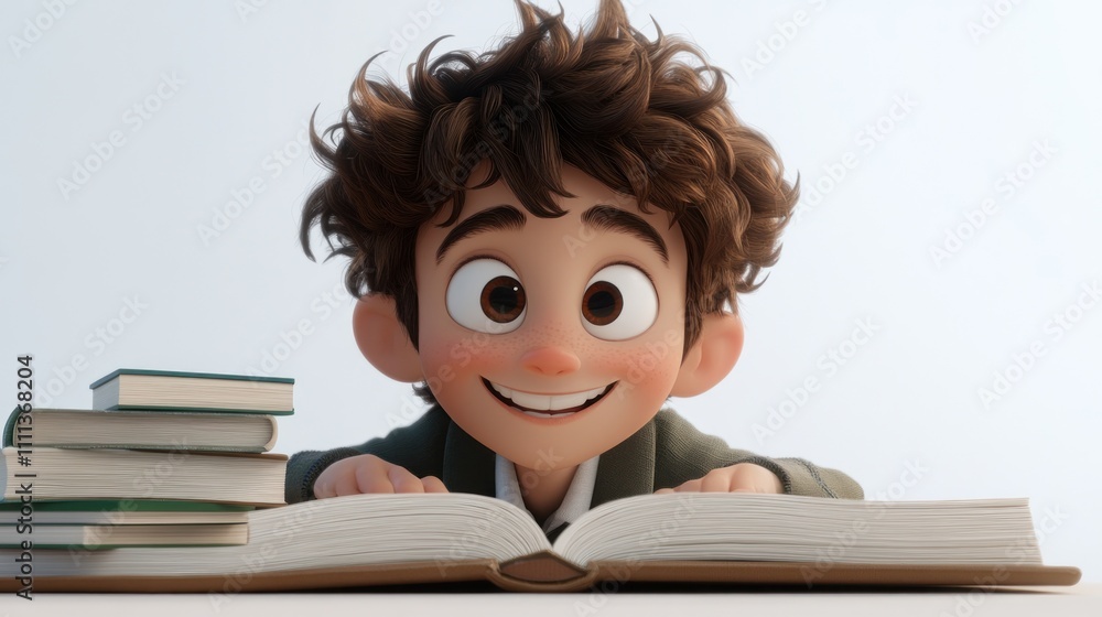 A cheerful boy with curly hair eagerly reading a book, surrounded by stacked books. A cheerful boy with curly hair eagerly reading a book, surrounded by stacked books.