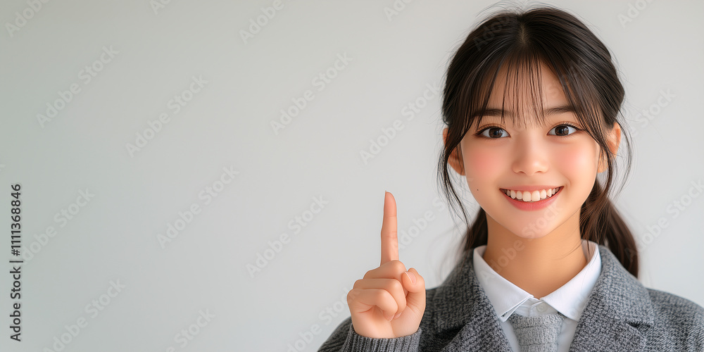 指差して解説をしてくれる女子高生、塾、学校、広告用素材 指差して解説をしてくれる女子高生、塾、学校、広告用素材