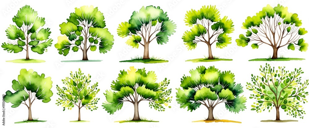 Fototapeta premium Collection of lush watercolor trees in diverse shapes and shades of green