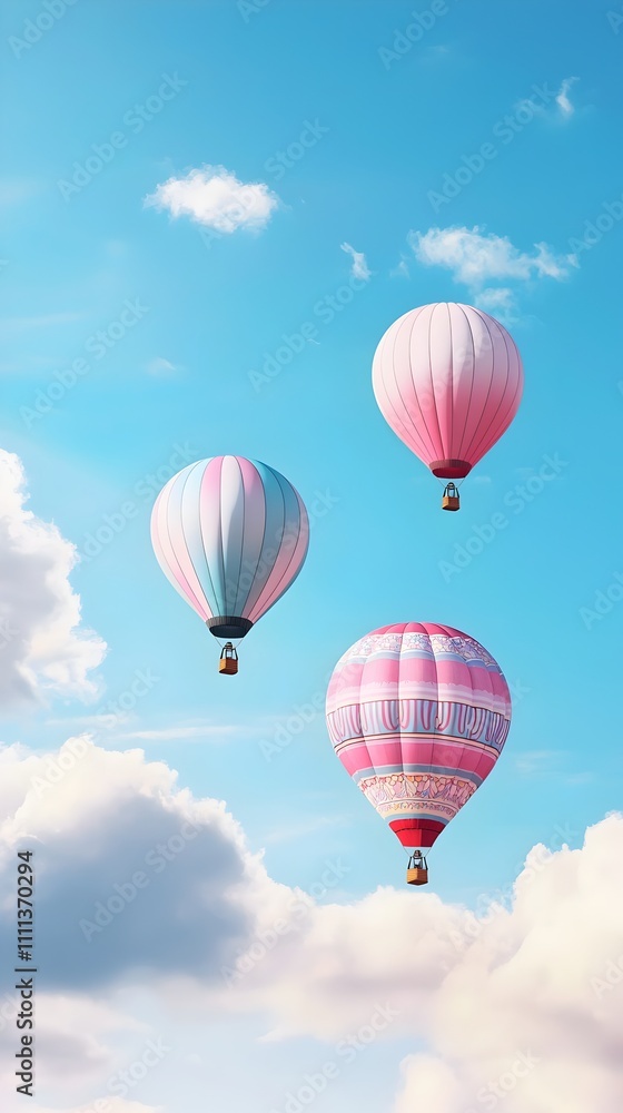 Whimsical Colorful Hot Air Balloons Floating in Vibrant Sky with Fluffy Clouds Dreamlike Digital Whimsical Colorful Hot Air Balloons Floating in Vibrant Sky with Fluffy Clouds Dreamlike Digital