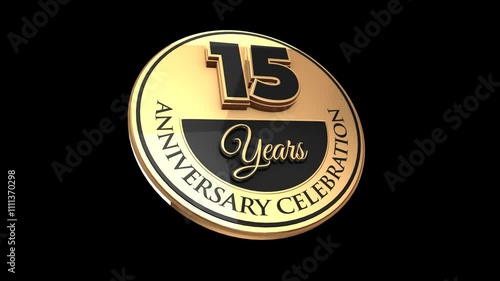 15 years, 15th anniversary logo, loop, looped video in 3D Gold with Alpha channel,  isolated transparent background