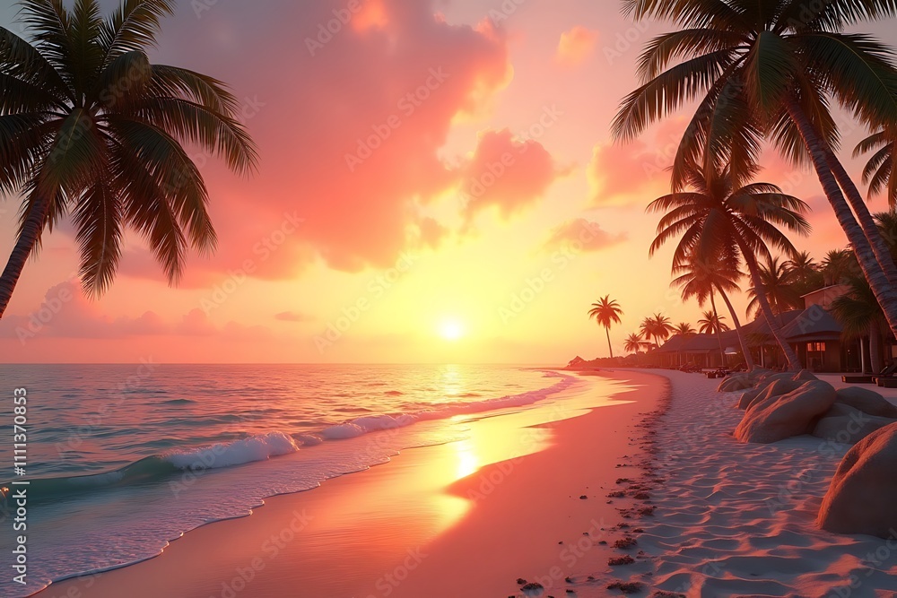 Fototapeta premium Silhouetted Palm Trees and Thatch-Roofed Buildings Against Vibrant Sunset Sky at Calm Beach