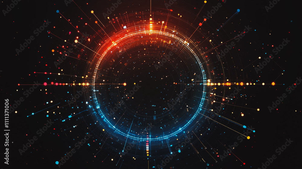 Abstract black background with Colorful circle lines. Digital future technology . Abstract business connection of lines from nodes innovation of communication in the network. Abstract black background with Colorful circle lines. Digital future technology . Abstract business connection of lines from nodes innovation of communication in the network.