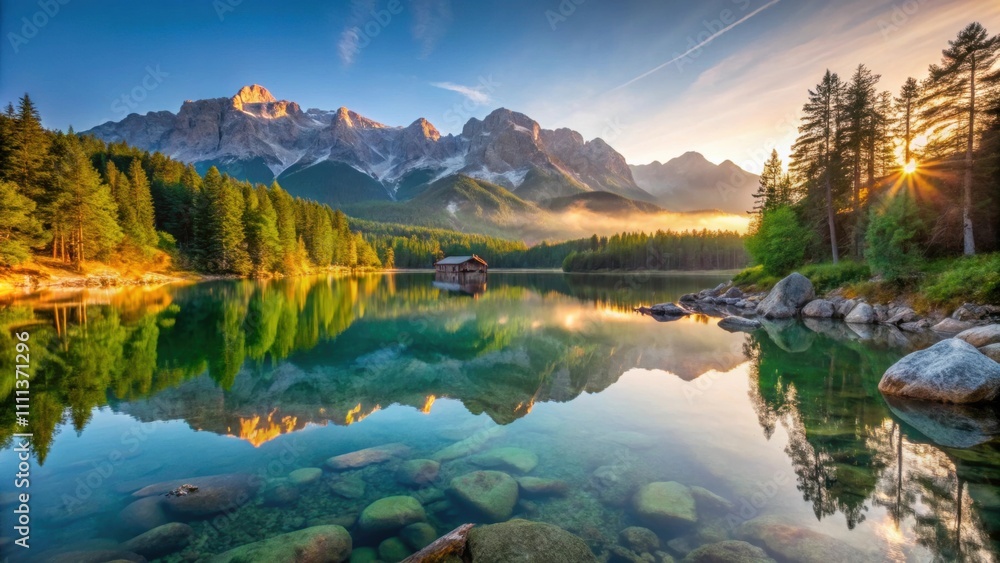 Φωτογραφία Idyllic view of a serene lake at sunrise with picturesque surroundings at Eibsee