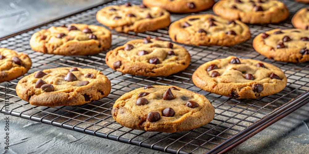 Freshly baked chocolate chip cookies on a cooling rack, dessert, treat, homemade, sweets, delicious, bakery, snack Freshly baked chocolate chip cookies on a cooling rack, dessert, treat, homemade, sweets, delicious, bakery, snack