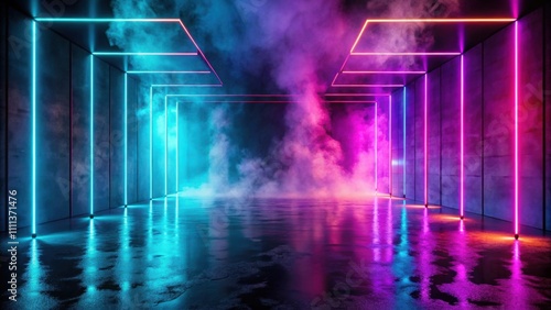 Neon abstract scene background with smoke, concrete, reflection , neon, abstract, scene, background, smoke, concrete