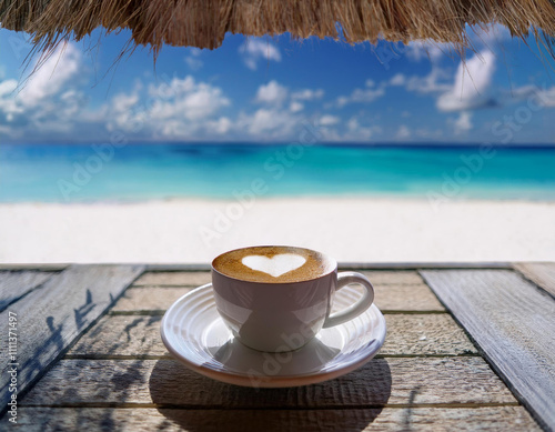 photo d'une tasse de café au lait crème en forme de cœur sous la paillotte sur une plage de sable blanc à la mer