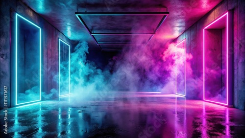 Neon abstract scene background with smoke, concrete, reflection, neon, abstract, scene, background, smoke, concrete