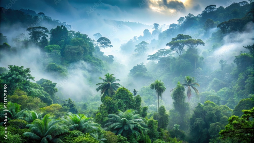 Exotic foggy forest with dense vegetation and mist covering the landscape, jungle, panorama, oasis, dark, natural, landscape Exotic foggy forest with dense vegetation and mist covering the landscape, jungle, panorama, oasis, dark, natural, landscape