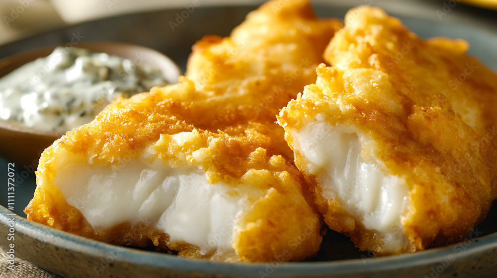 A close-up of golden breaded fish fillets with a delicious tartar sauce, presented on a rustic plate. A close-up of golden breaded fish fillets with a delicious tartar sauce, presented on a rustic plate.