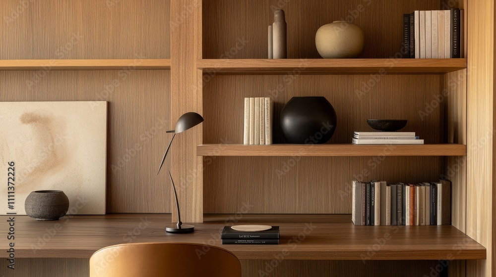 Modern home office with a wooden wall, built-in shelves, and decorative vases. A close-up detail of a desk lamp highlighting contemporary interior design elements for a stylish workspace atmosphere. Modern home office with a wooden wall, built-in shelves, and decorative vases. A close-up detail of a desk lamp highlighting contemporary interior design elements for a stylish workspace atmosphere.