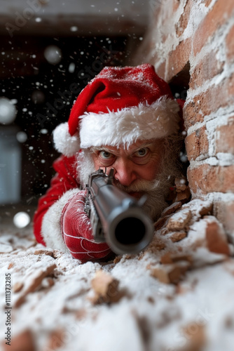 Santa Claus Sniper Positioned in a War Zone Behind Brick Wall