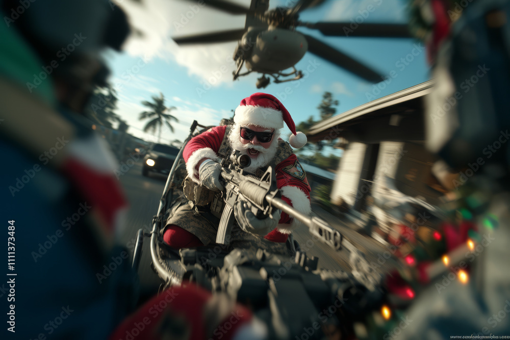 Santa Claus in Military Sled with Rifle and Helicopter Overhead in a Conflict Scene Santa Claus in Military Sled with Rifle and Helicopter Overhead in a Conflict Scene