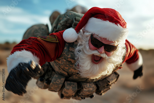 Santa Claus Paratrooper Skydiving with Tactical Gear and Sunglasses in Freefall