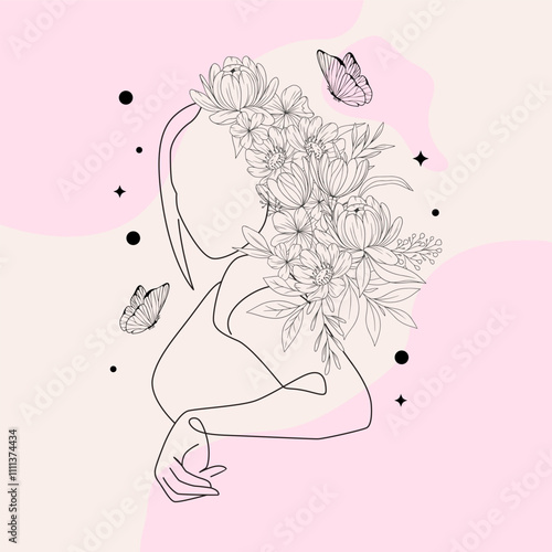 Elegance Woman drawn mono-line floral botanical flower pattern background design