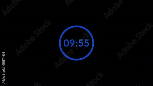 10 minutes countdown timer animation on black background with blue bold font, 10 minutes to 0 seconds time limit, deadline or interval.