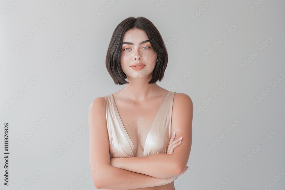 Obraz premium Minimalistic portrait of confident woman, short dark hair, neutral gray background, elegant pose, glowing skin, natural makeup, serene expression, modern beauty concept, copy space