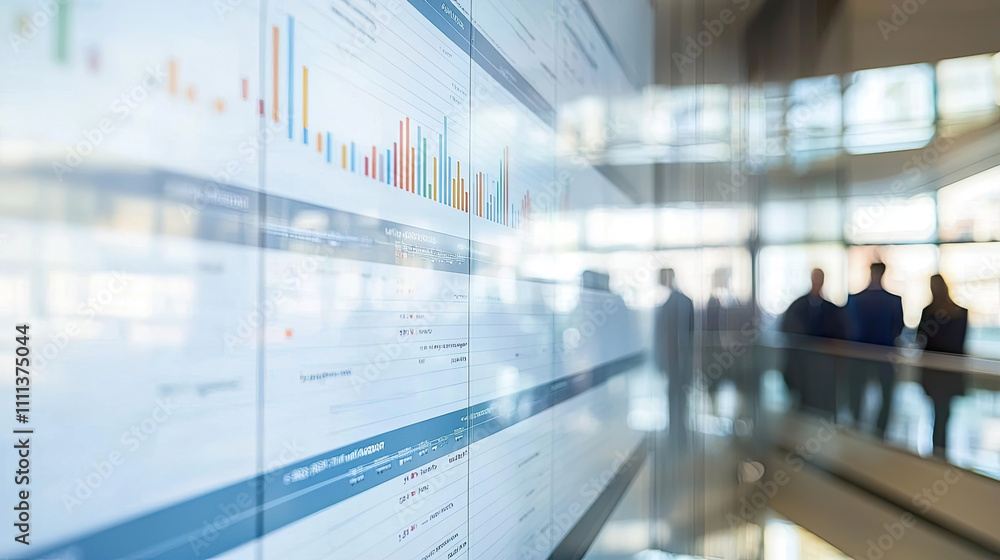 Data visualization on screen with people in background Data visualization on screen with people in background