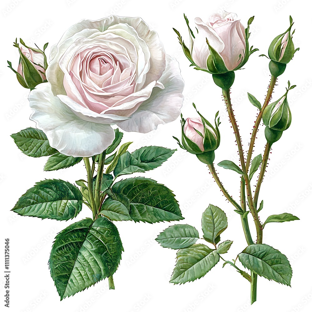 Exquisite Botanical Illustration of Pale Pink Roses with Buds and Lush Green Foliage, Isolated on White. Exquisite Botanical Illustration of Pale Pink Roses with Buds and Lush Green Foliage, Isolated on White.