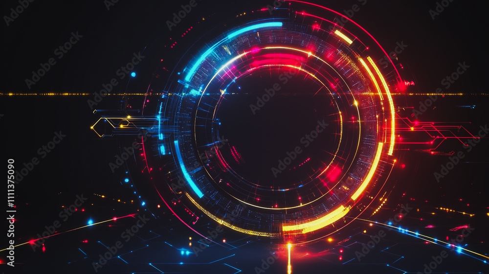 Abstract black background with Colorful circle lines. Digital future technology . Abstract business connection of lines from nodes innovation of communication in the network.