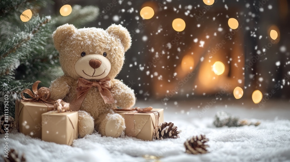 The Christmas fireplace background, beautifully decorated Christmas tree, luxurious gift boxes, cute teddy bears and snowflakes create a festive atmosphere, leaving ample blank space. The Christmas fireplace background, beautifully decorated Christmas tree, luxurious gift boxes, cute teddy bears and snowflakes create a festive atmosphere, leaving ample blank space.
