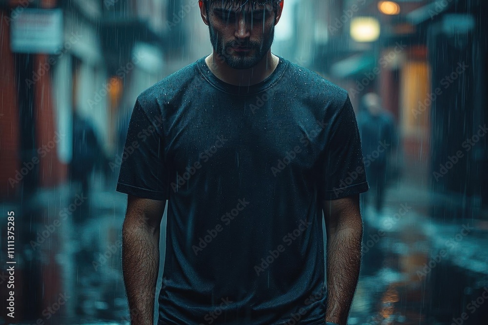 Fototapeta premium Rainy Day Stroll Through The City - A Man Walks Through Puddles in The Street, Wearing a Black Shirt in the Rain