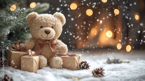 The Christmas fireplace background, beautifully decorated Christmas tree, luxurious gift boxes, cute teddy bears and snowflakes create a festive atmosphere, leaving ample blank space.