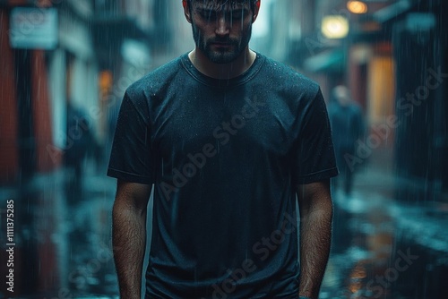 Rainy Day Stroll Through The City - A Man Walks Through Puddles in The Street, Wearing a Black Shirt in the Rain