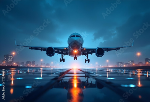 modern airplane taking off on futuristic runway at night, illuminated by city lights, creates dramatic and exciting scene