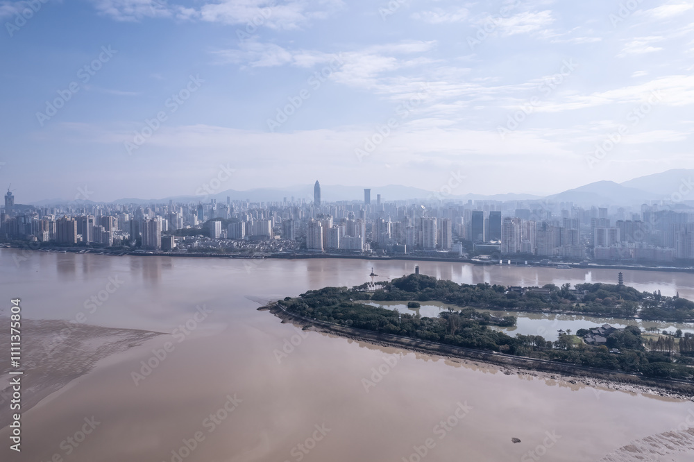 Aerial View of Urban Cityscape with Water and Island Landscape Aerial View of Urban Cityscape with Water and Island Landscape