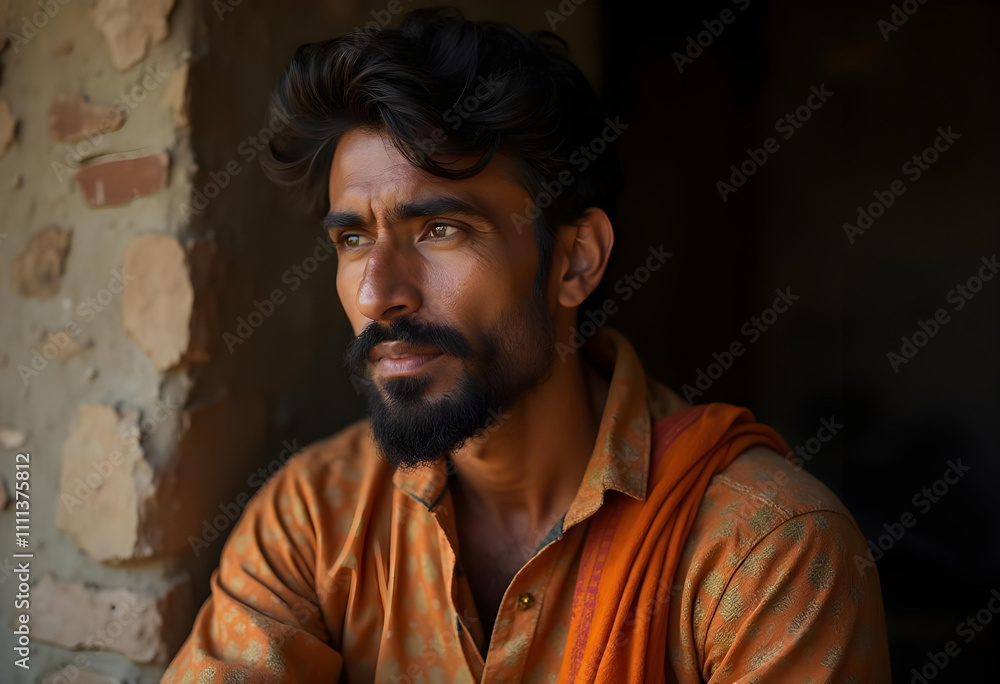 thoughtful man with beard gazes into distance, wearing traditional orange shirt and shawl. rustic background adds depth to this candid portrait thoughtful man with beard gazes into distance, wearing traditional orange shirt and shawl. rustic background adds depth to this candid portrait