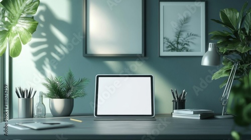 Minimalist Home Office Setup with a Tablet  Plants  and a Desk Lamp for a Productive Workspace
