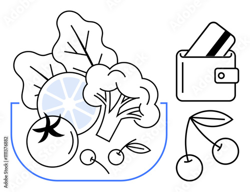 Vegetables and fruits including tomato, lemon, broccoli, and cherries in a bowl next to wallet with credit card. Ideal for grocery shopping, budgeting, finance, healthy eating, diet nutrition