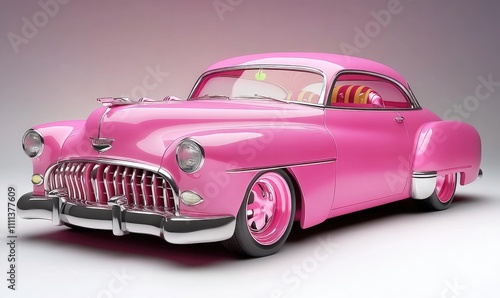 Classic Pink Car: Vintage Automobile Design, Retro Ride, Shiny Chrome, Two-Tone Interior, Custom Wheels, 1950s Style,  American Classic, Hot Rod Culture, Detailed Model, Dream Car.