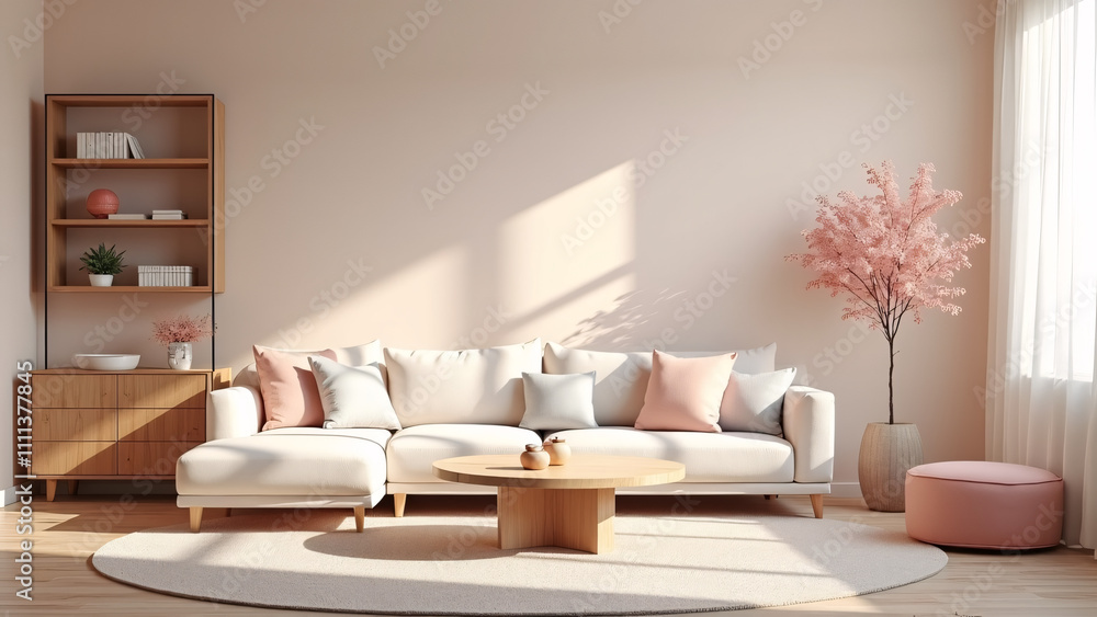 Obraz premium Airy Pastel Minimalist Living Room with Cozy Furniture