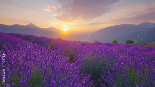 A field of lavender blossoms bathed in the warm glow of a sunset with mountains in the background.