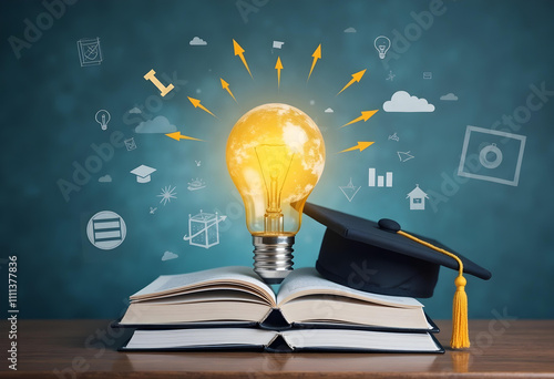 Innovative education concept featuring light bulb above books, symbolizing knowledge and creativity. This captures essence of learning and inspiration
