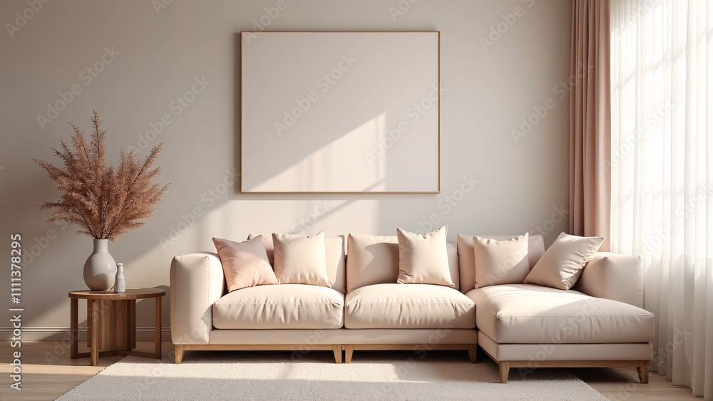 Naklejka premium Elegant Pastel-Toned Living Room in a Minimalist Style