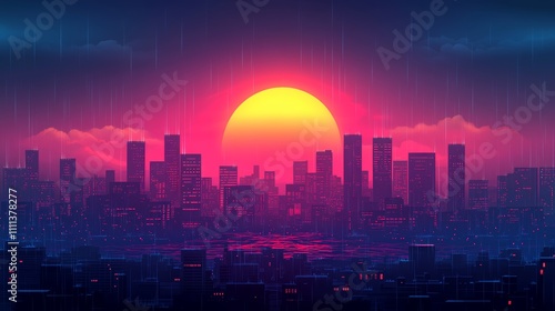 A futuristic cityscape silhouette with a glowing sunset and neon rain.