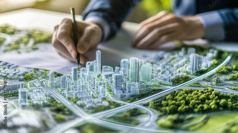 © aubriella - A serene shot of an architect sketching plans for a smart city district with integrated technology and green mobility solutions, Smart city planning scene, Futuristic urbanism style © aubriella - A serene shot of an architect sketching plans for a smart city district with integrated technology and green mobility solutions, Smart city planning scene, Futuristic urbanism style