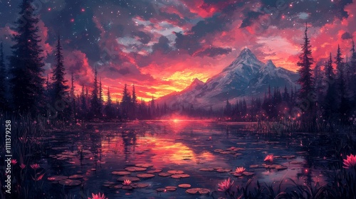 A majestic mountain peak is silhouetted against a vibrant sunset sky, reflected in a still lake with lily pads.