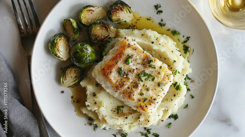 sophisticated and delicious dish featuring baked cod on creamy mashed potatoes, garnished with herbs and served with roasted Brussels sprouts, creating delightful culinary experience