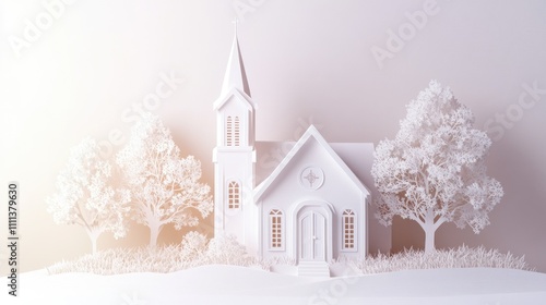 Wallpaper Mural A peaceful village church in paper cut design, with delicate detailing on its steeple and door Torontodigital.ca