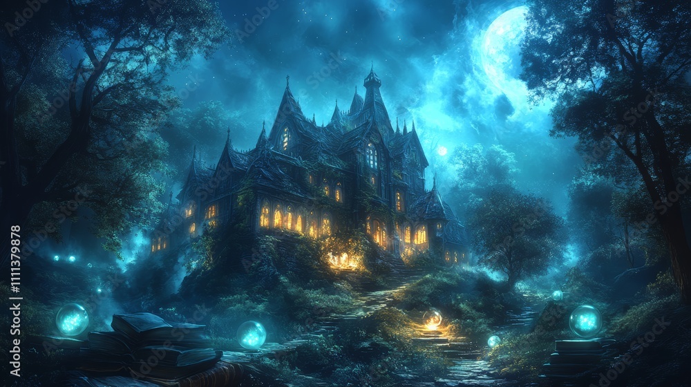Obraz premium A mysterious gothic mansion nestled in a moonlit forest, glowing orbs illuminate the path leading up to the entrance.