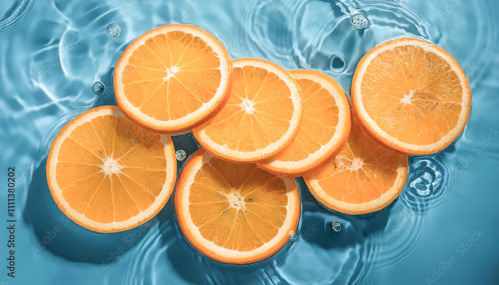 orange slices floating in a clear blue water orange slices floating in a clear blue water