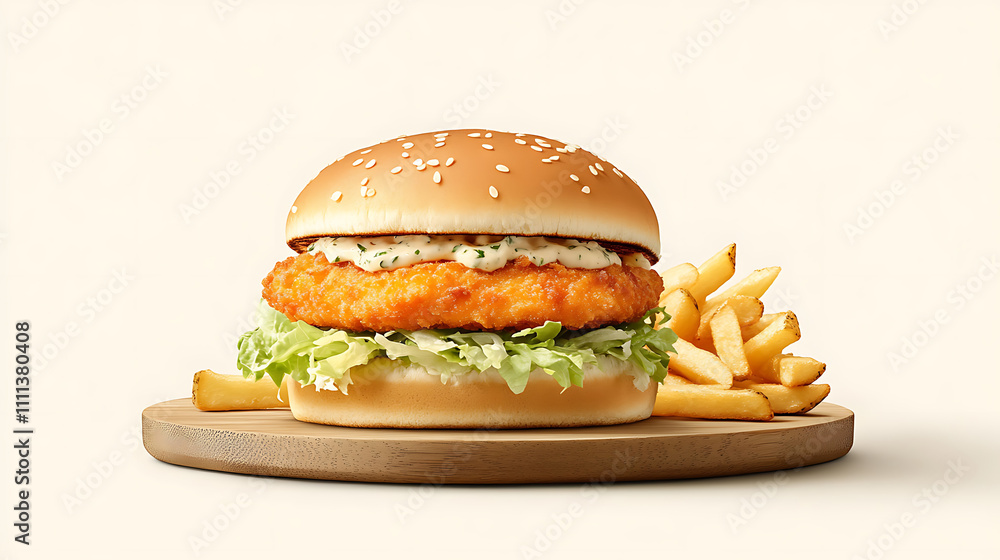 A freshly prepared fish burger with a breaded fillet, tartar sauce, and shredded lettuce, served with golden gourmet fries on a wooden platter against a soft beige background. A freshly prepared fish burger with a breaded fillet, tartar sauce, and shredded lettuce, served with golden gourmet fries on a wooden platter against a soft beige background.